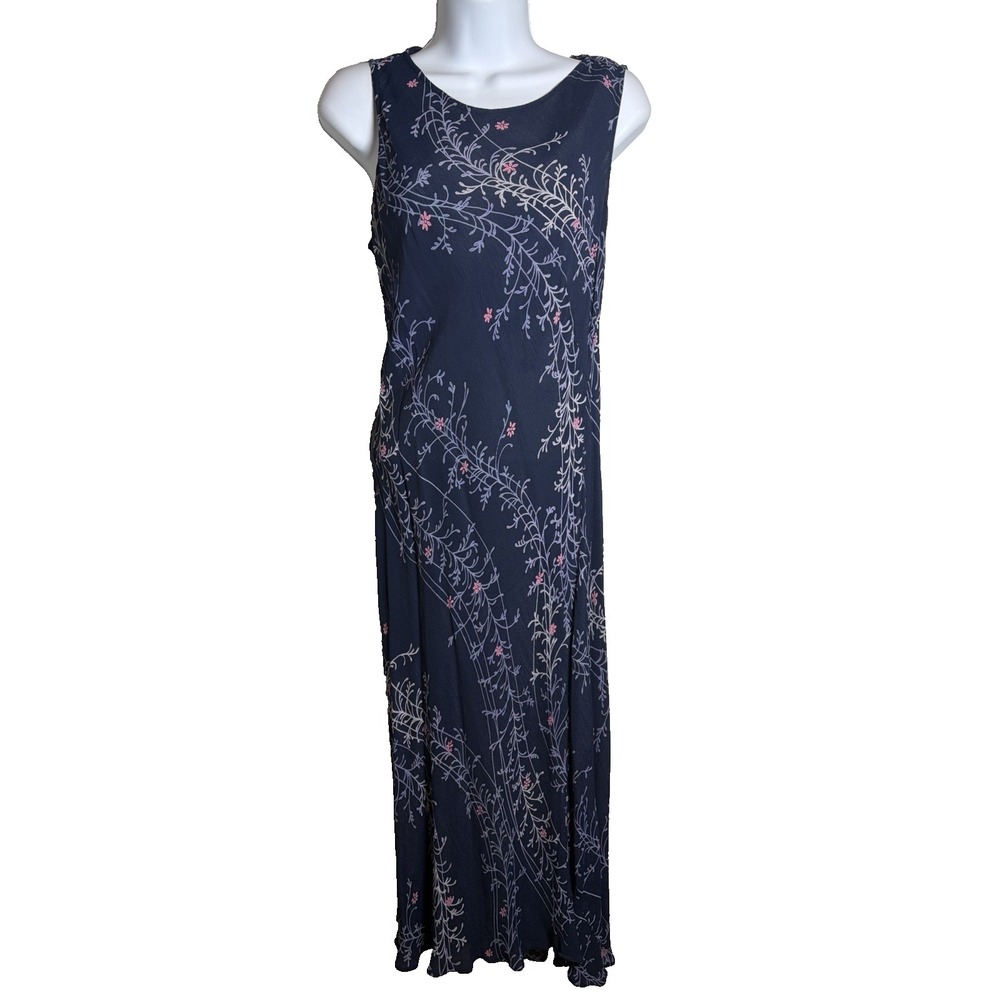 Vtg 90s Nostalgia Navy Blue Midi Slip Dress~L~Rayon Crepe Bias Cut Grunge Femme